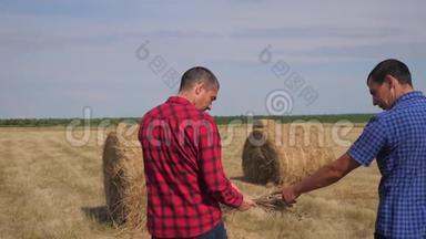团队农业智慧农业理念.. 两个男人的农民在数字技术上的田野上漫步在干草堆上